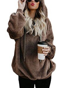 CHICALLURE Women's Sherpa Jacket Fuzzy Fleece Hoodie Pullover Long Sleeves Casual Shaggy Zipper Sweatshirts with Pockets(Brown, M)