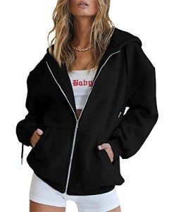 Jhsnjnr Women's Casual Oversized Hoodie Zipper Sweatshirt Long Sleeve Fall Jacket with Pockets Black