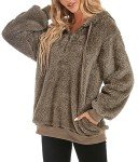 CHICALLURE Women's Sherpa Jacket Fuzzy Fleece Hoodie Pullover Long Sleeves Casual Shaggy Zipper Sweatshirts with Pockets(Brown, M)