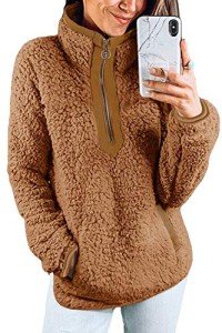 YAMTHR Womens Stand Collar Half Zipper Fuzzy Fleece Sherpa Pullover Sweatshirt Winter Outwear with Pockets (Camel, Large)