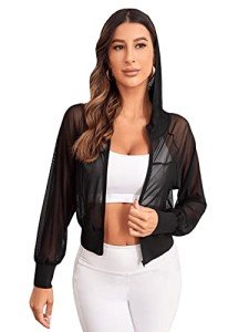 SweatyRocks Women's Activewear Long Sleeve Hooded Sheer Mesh Sports Jacket Workout Crop Top, Black, Small