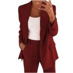 TIMIFIS Blazer Suit Set for Women Plus Size Lapel Jackets Long Pants Work Official Lounge Set Casual 2 Piece Blazer Suits Wine