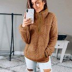 YAMTHR Womens Stand Collar Half Zipper Fuzzy Fleece Sherpa Pullover Sweatshirt Winter Outwear with Pockets (Camel, Large)