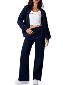 Aleumdr Women's Athletic Clothing Sets 2 Piece Outfits Matching Sweatsuit Tracksuits Zip Up Jackets Fleece Lined Wide Leg Sweatpants 2024 Fall Travel Sweat Lounge Sets for Women Blue L