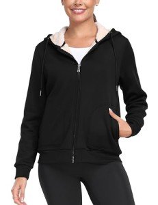 MoFiz Women's Full Zip Sherpa Jacket with Zipper Pocket Winter Warm Hoodie Sweatshirt Warm Coats A-Black,L