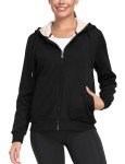 MoFiz Women's Full Zip Sherpa Jacket with Zipper Pocket Winter Warm Hoodie Sweatshirt Warm Coats A-Black,L