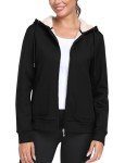 MoFiz Women's Full Zip Sherpa Jacket with Zipper Pocket Winter Warm Hoodie Sweatshirt Warm Coats A-Black,L