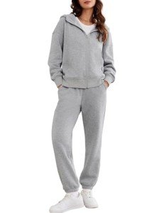 PINSPARK Jogger Sets for Women 2 Piece Oversized Zip Up Sweatshirt Fleece Jogger Sweatpants Tracksuit Sweat Lounge Set Light Grey XL