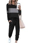PRETTYGARDEN Women's Color Block 2 Piece Tracksuit Crewneck Long Sleeve Tops Long Sweatpants Outfits Lounge Sets(Black,Large)
