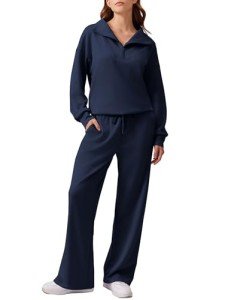 PINSPARK Sweat Suit for Women 2 Piece Set Oversized Half Zip Sweatshirt Wide Leg Sweatpants Lounge Set Tracksuit, Navy Blue L