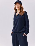 PINSPARK Sweat Suit for Women 2 Piece Set Oversized Half Zip Sweatshirt Wide Leg Sweatpants Lounge Set Tracksuit, Navy Blue L