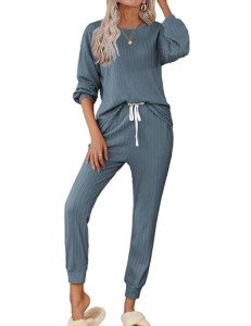 Ekouaer Pajama Set for Women Ribbed Knit Pjs 2 Piece Outfits 2024 Trendy Long Sleeve Sweatsuit Long Pants Tracksuit Set,Dark Blue,L