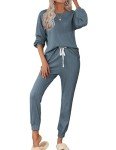 Ekouaer Pajama Set for Women Ribbed Knit Pjs 2 Piece Outfits 2024 Trendy Long Sleeve Sweatsuit Long Pants Tracksuit Set,Dark Blue,L