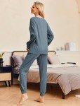 Ekouaer Pajama Set for Women Ribbed Knit Pjs 2 Piece Outfits 2024 Trendy Long Sleeve Sweatsuit Long Pants Tracksuit Set,Dark Blue,L