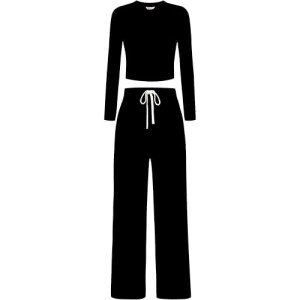 QCHENG Women's Cotton 2 Piece Outfits Lounge Sets Long Sleeve T-Shirts Crop Tops Straight Leg Pants Sweatsuit Tracksuit Sets Black XL