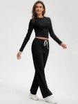 QCHENG Women's Cotton 2 Piece Outfits Lounge Sets Long Sleeve T-Shirts Crop Tops Straight Leg Pants Sweatsuit Tracksuit Sets Black XL