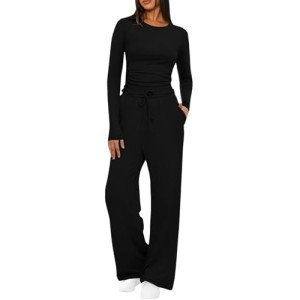 Women's Fall Two Piece Outfits Casual Tracksuit Long Sleeve Tee Shirts and Wide Leg Pants Matching Lounge Sets Black,Large