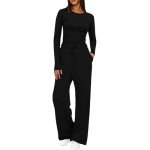 Women's Fall Two Piece Outfits Casual Tracksuit Long Sleeve Tee Shirts and Wide Leg Pants Matching Lounge Sets Black,Large