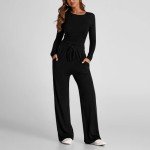 Women's Fall Two Piece Outfits Casual Tracksuit Long Sleeve Tee Shirts and Wide Leg Pants Matching Lounge Sets Black,Large