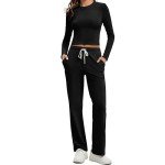 QCHENG Women's Cotton 2 Piece Outfits Lounge Sets Long Sleeve T-Shirts Crop Tops Straight Leg Pants Sweatsuit Tracksuit Sets Black XL