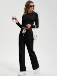 QCHENG Women's Cotton 2 Piece Outfits Lounge Sets Long Sleeve T-Shirts Crop Tops Straight Leg Pants Sweatsuit Tracksuit Sets Black XL