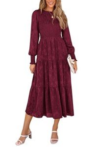 Wine Red Floral Long Sleeve Midi Dress