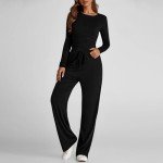 Women's Fall Two Piece Outfits Casual Tracksuit Long Sleeve Tee Shirts and Wide Leg Pants Matching Lounge Sets Black,Large