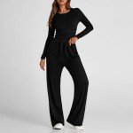 Women's Fall Two Piece Outfits Casual Tracksuit Long Sleeve Tee Shirts and Wide Leg Pants Matching Lounge Sets Black,Large