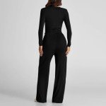 Women's Fall Two Piece Outfits Casual Tracksuit Long Sleeve Tee Shirts and Wide Leg Pants Matching Lounge Sets Black,Large