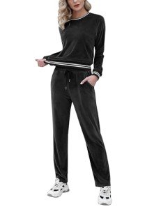 Totatuit Women's Velour Tracksuit 2 Piece Outfits Striped Long Sleeve Pullover and Pants Pajama Lounge Jogger Sets with Pocket