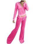 takaeys Velour Tracksuit Womens 2 Piece Zip up Cropped Jacket Casual Wide Leg Long Pants Fashion Workout Outfits, Pink, X-Large