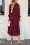 Wine Red Floral Long Sleeve Midi Dress