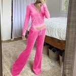 takaeys Velour Tracksuit Womens 2 Piece Zip up Cropped Jacket Casual Wide Leg Long Pants Fashion Workout Outfits, Pink, X-Large