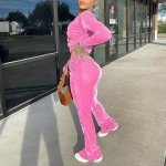 takaeys Velour Tracksuit Womens 2 Piece Zip up Cropped Jacket Casual Wide Leg Long Pants Fashion Workout Outfits, Pink, X-Large