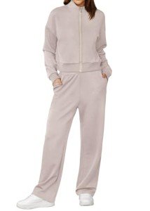 XIEERDUO Sweatsuit Set for Women Outfit 2024 Zip Up Wide Leg Sweatpant Tracksuit Lounge 2 Piece Matching Set Khaki S