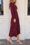 Wine Red Floral Long Sleeve Midi Dress