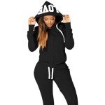 JIHUILAI Two Piece Tracksuit For Women Long Sleeve Stripe Zipper Jacket With Sweatpants Jogger Hoodie Sweatsuit Workout Set, Black, Large