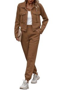 PRETTYGARDEN Womens 2024 Fall 2 Piece Outfits Tracksuit Long Sleeve Button Down Shacket Jacket Pockets Long Pants Casual Set (Camel,Large)