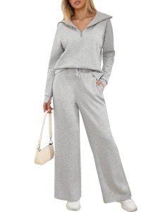 Voqeen Lounge sets for women Womens Long Sleeve Top Wide Leg Pants 2 Piece Fall Outfits Sweatsuit(Grey,M)