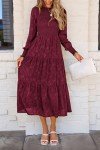 Wine Red Floral Long Sleeve Midi Dress