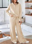 Aleumdr Women's Two Piece Tracksuit 2024 Fall Winter Matching Lounge Set Sweatshirt with Wide Leg Sweatpants Beige Large