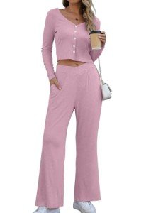 YUNDAI Womens 2 Piece Outfits V Neck Casual Fall Long Sleeve Top Tracksuits Pant Lounge Sets with Pocket