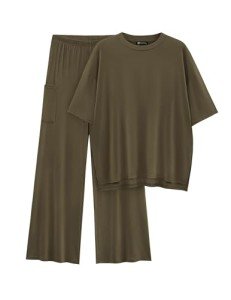 PRETTYGARDEN Women's 2 Piece Outfits Casual Short Sleeve Pullover Tops and Wide Leg Pants Lounge Sets Tracksuits (Army Green,Large)