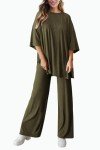 PRETTYGARDEN Women's 2 Piece Outfits Casual Short Sleeve Pullover Tops and Wide Leg Pants Lounge Sets Tracksuits (Army Green,Large)
