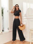 Famulily Women Summer 2 Piece Casual Tracksuits Outfits Black Lounge Set Crop Top Long High Waist Pleated Pants Workout Sweatsuit Black L