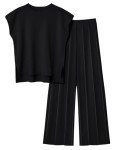 LILLUSORY 2 Piece Outfits for Women Lounge Matching Set Two Piece Knit Tracksuit Sweatsuits Top & Pants, Black, Large