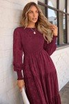 Wine Red Floral Long Sleeve Midi Dress