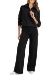 Glamaker Womens 2 Piece Outfits Sweatsuit Set Oversized Half Zip Sweatshirt Wide Leg Sweatpants Lounge Set Tracksuit, Black, Large