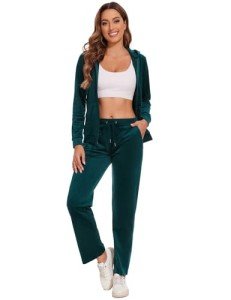 ROYAL MATRIX Women's Velour Tracksuit - 2 Pieces Velour Sweatsuits Velvet Track Suits Set Full Zip Hoodie & Sweatpants Sets Dark Green,XL