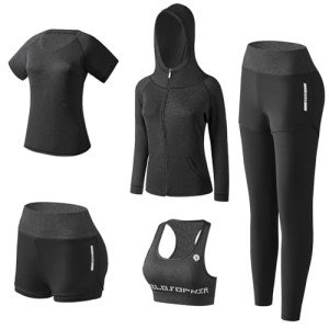 XPINYT 5pcs Workout Outfits for Women Athletic Sets Sport Suits Yoga Gym Fitness Exercise Clothes Jogging Tracksuits(Black 03,XL)